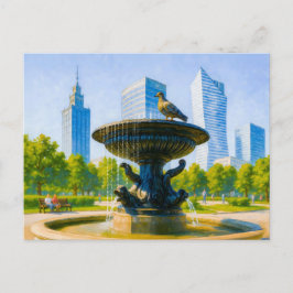 Brunnen im Zentrum Warschaus - detaillierte Ölmale Feiertagspostkarte