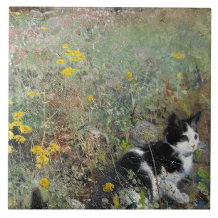 Bruno Liljefors - Katze auf Blumenbeet Fliese