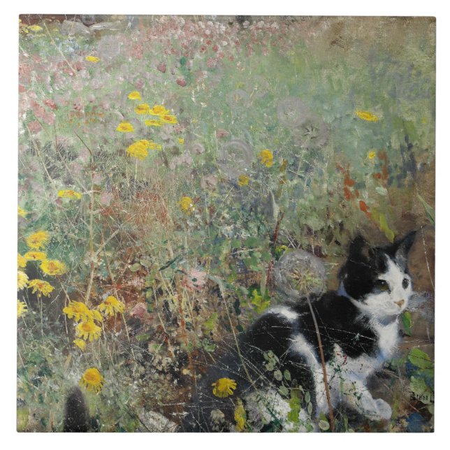 Bruno Liljefors - Katze auf Blumenbeet Fliese (Vorderseite)