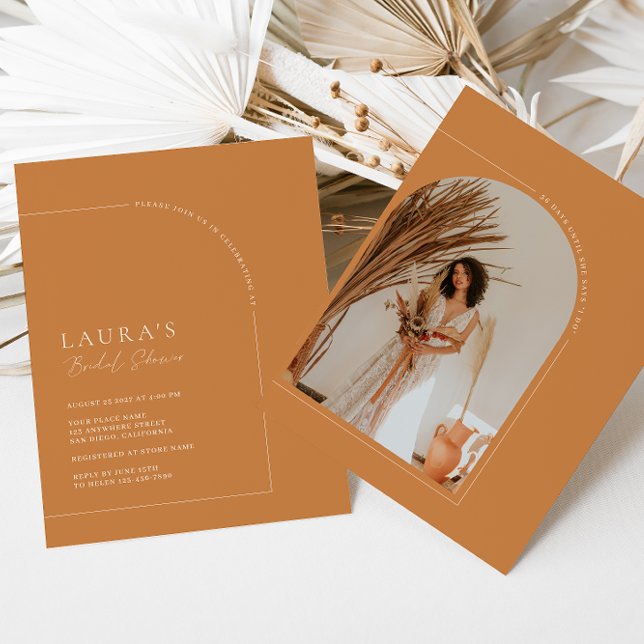 Brunt Orange Minimalistisch Arch Foto Brautparty Einladung (Von Creator hochgeladen)