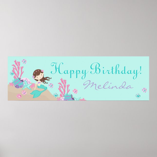 Bruntte Mermaid Birthday Banner Poster (Vorne)