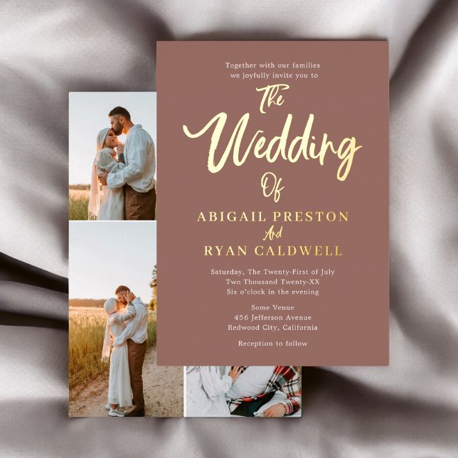 Brush Calligraphy 4 Foto Brown Wedding Folieneinladung (Von Creator hochgeladen)