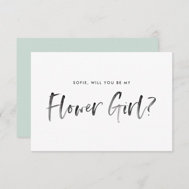 Brush Letter Mint wirst du mein Blumenmädchen sein Einladung (Vorne/Hinten)