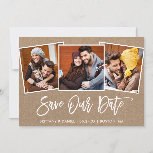 Brush Script 3 Foto Retten Unsere Date Kraft Card Save The Date (Vorderseite)