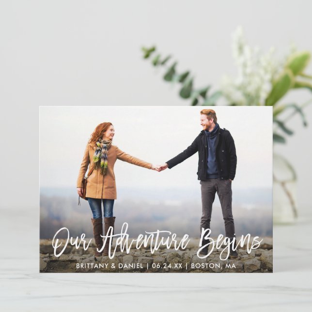 Brush Script Adventure Save the Date Foto Card (Stehend Vorderseite)