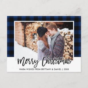 Brush Script Blue Kariert Couple Foto Christmas Postkarte