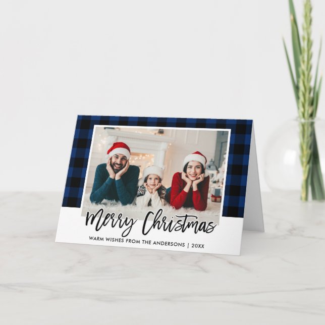 Brush Script Blue Kariert Family Foto Weihnachten (Vorderseite)