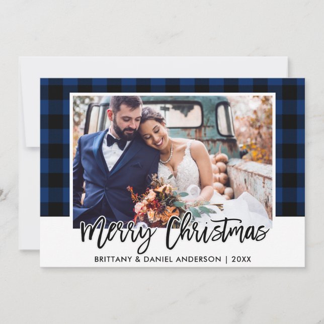 Brush Script Blue Kariert Wedding Foto Weihnachten (Vorderseite)