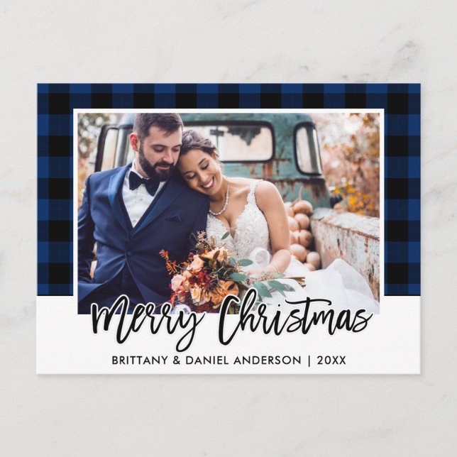 Brush Script Blue Kariert Wedding Foto Weihnachten Postkarte (Vorderseite)