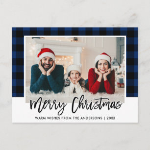 Brush Script Blue Plaid Family Photo Christmas Postkarte