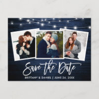 Brush Script Blue Wood Lights Foto Save the Date