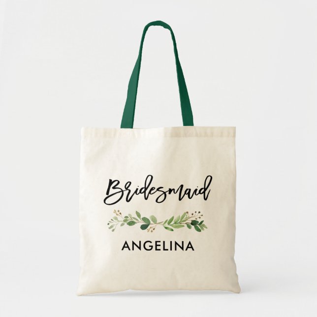 Brush Script Bridesmaid Botanische Vegetation Tragetasche (Vorne)
