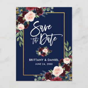 Brush Script Burgundy Blue Floral Save the Date Ankündigungspostkarte