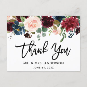 Brush Script Burgundy Blue Floral Wedding Danke Postkarte