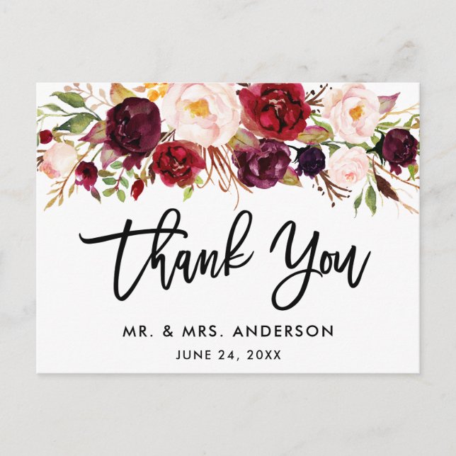 Brush Script Burgundy Floral Wedding Vielen Dank Postkarte (Vorderseite)
