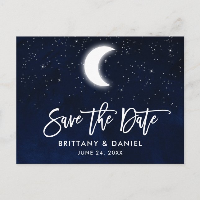 Brush Script Celestial Moon Stars Save the Date Ankündigungspostkarte (Vorderseite)
