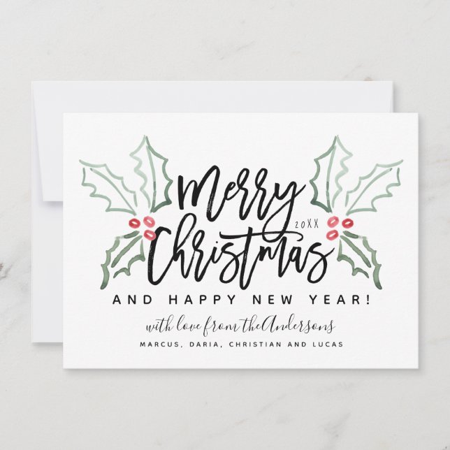 Brush Script Christmas Hollies Feiertagskarte (Vorderseite)