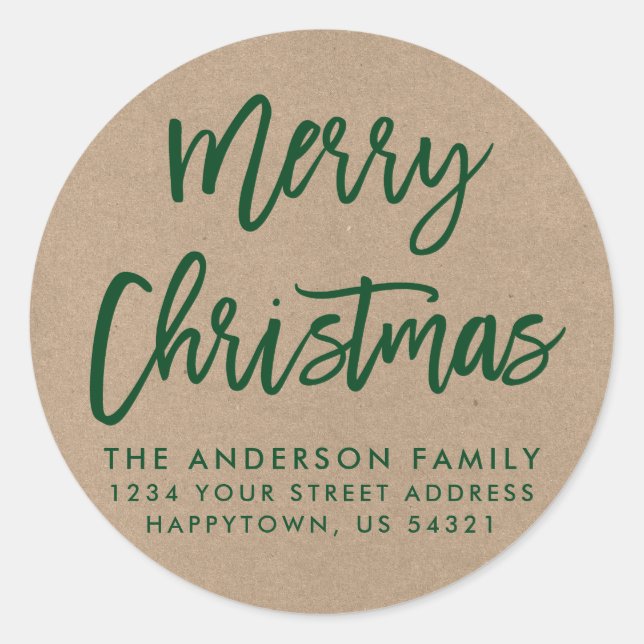 Brush Script Christmas Kraft Green Umschlag Aufkle Runder Aufkleber (Vorderseite)