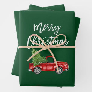 Brush Script Christmas Red Truck Green Geschenkpapier Set