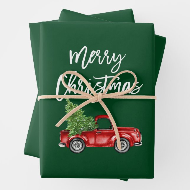 Brush Script Christmas Red Truck Green Geschenkpapier Set (Beispiel)