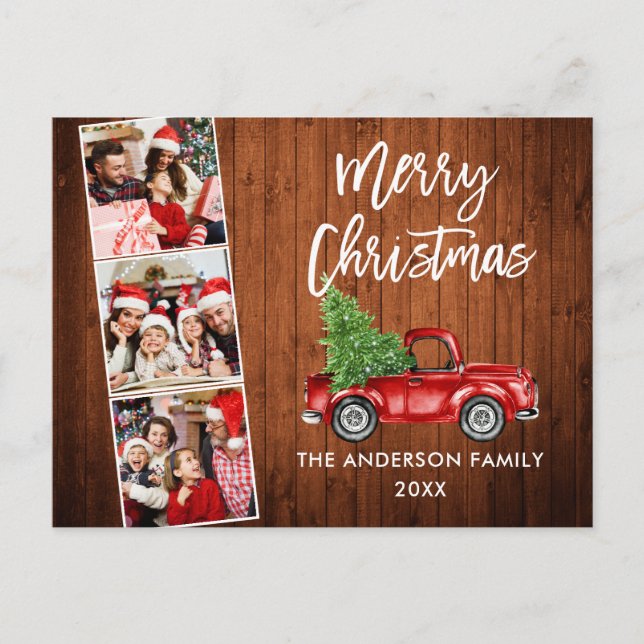 Brush Script Christmas Red Truck Wood 3 Foto Postkarte (Vorderseite)