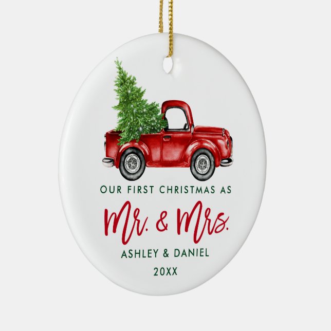 Brush Script Erste Weihnachts Red Truck FOTO Back Keramik Ornament (Rechts)