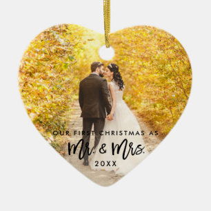 Brush Script Erste Weihnachtszeit Mr. & Mrs. Foto Keramik Ornament