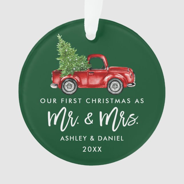 Brush Script Erste Weihnachtszeit Vintag Truck Ornament (Vorderseite)