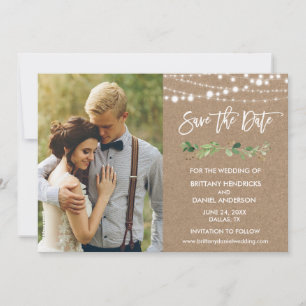 Brush Script Eucalyptus Lights Kraft Foto Save The Date