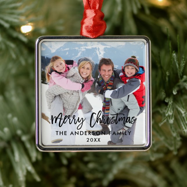 Brush Script Family Foto Frohe Weihnachten Sq Ornament Aus Metall (Baum)
