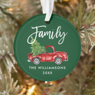 Brush Script Family Vintag Red Truck Green Ornament