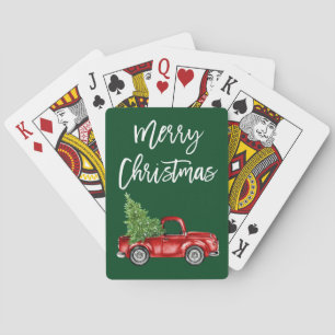 Brush Script Frohe Weihnachten Vintage LKW Grün Spielkarten