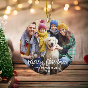 Brush Script Frohe Weihnachts-Foto Red Back Keramik Ornament