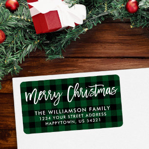 Brush Script Frohe Weihnachts Grün Karierte Adress Adressaufkleber