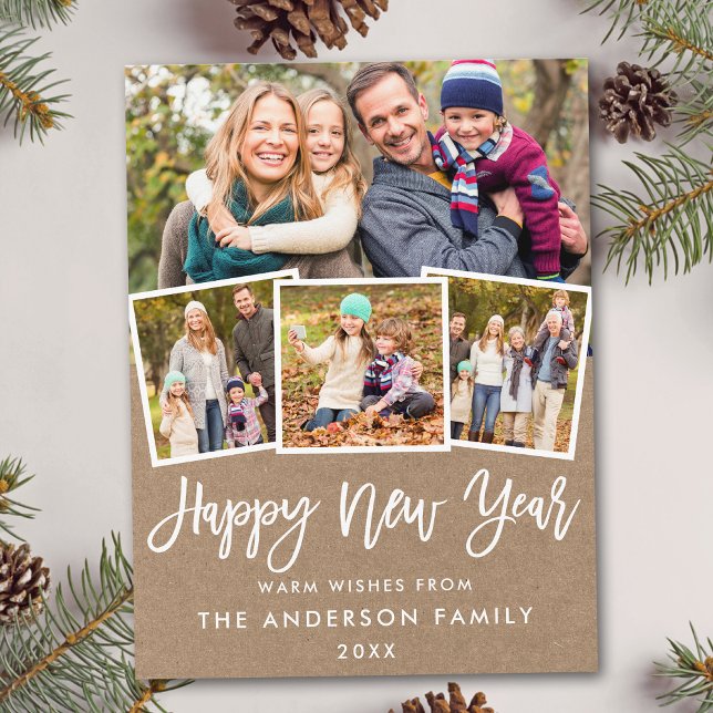 Brush Script glücklich Neujahr 4 Foto Kraft Postkarte (Customize to change your personalized text size or text style.)