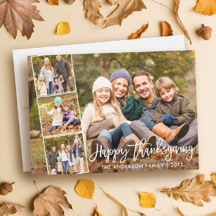 Brush Script glücklich Thanksgiving Familie 4 Foto Feiertagskarte