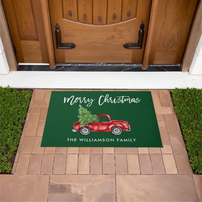 Brush Script Green Christmas Vintag Truck Groß Fußmatte (Außenbereich)