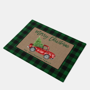 Brush Script Green Kariert Burlap Weihnachtswagen Fußmatte