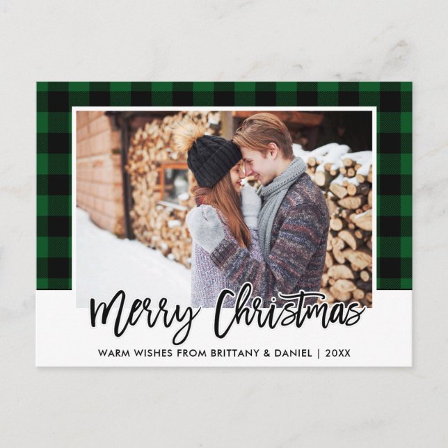 Brush Script Green Kariert Couple Foto Christmas Postkarte (Vorderseite)