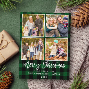Brush Script Green Kariert Family 4 Foto Weihnacht Postkarte