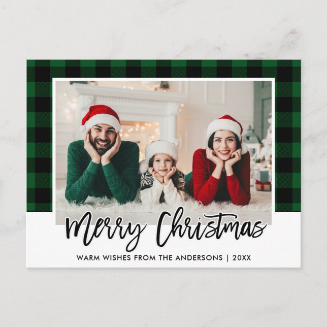 Brush Script Green Kariert Family Foto Christmas Postkarte (Vorderseite)