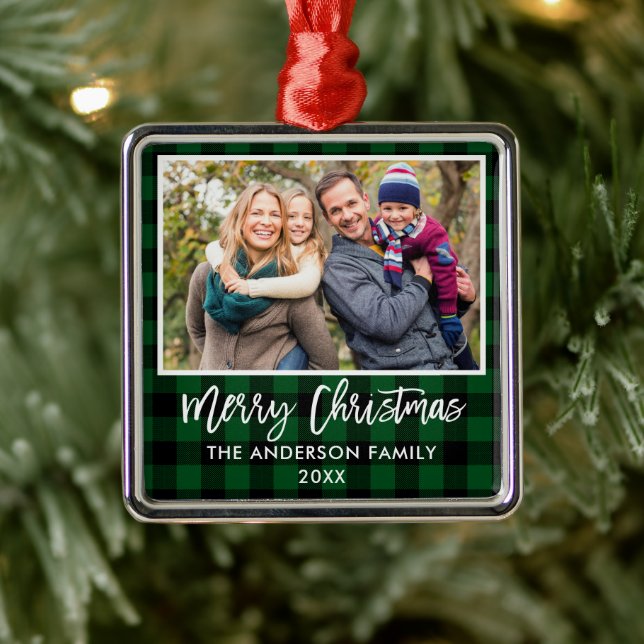 Brush Script Green Kariert Family Frohe Weihnachte Ornament Aus Metall (Baum)