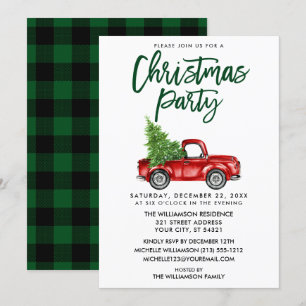 Brush Script Green Kariert Truck Weihnachts-Party Einladung