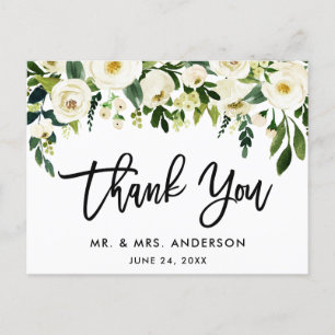 Brush Script Green White Floral Wedding Vielen Dan Postkarte
