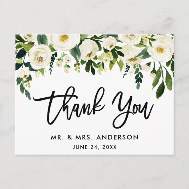 Brush Script Green White Floral Wedding Vielen Dan Postkarte (Vorderseite)