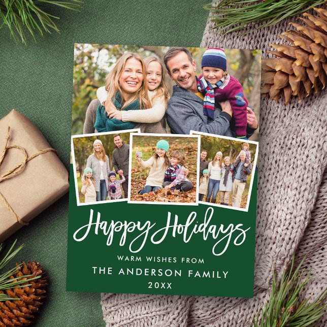 Brush Script Happy Holidays 4 Foto Green Postkarte (Customize to change your personalized text size or text style.)