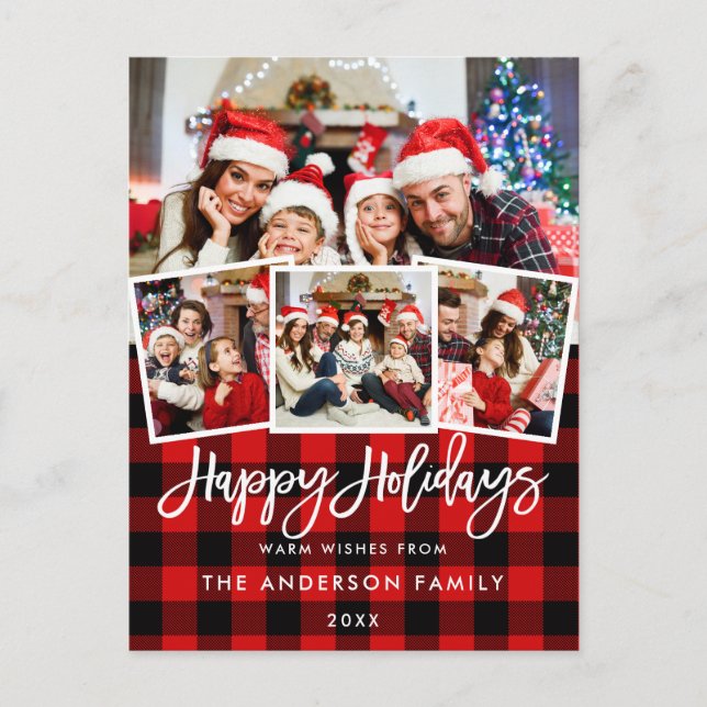 Brush Script Happy Holidays 4 Foto Rot Kariert Postkarte (Vorderseite)