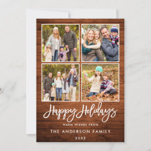 Brush Script Happy Holidays Rustic Wood 4 Foto Feiertagskarte