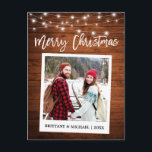 Brush Script Instant Camera Wood Couple Weihnachte Postkarte<br><div class="desc">Modernes Pinselskript,  Sofortkamera Foto Frohe Weihnachtspostkarte - Rustikales Holz</div>