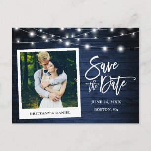 Brush Script Instant Foto Blue Wood Save the Date Postkarte